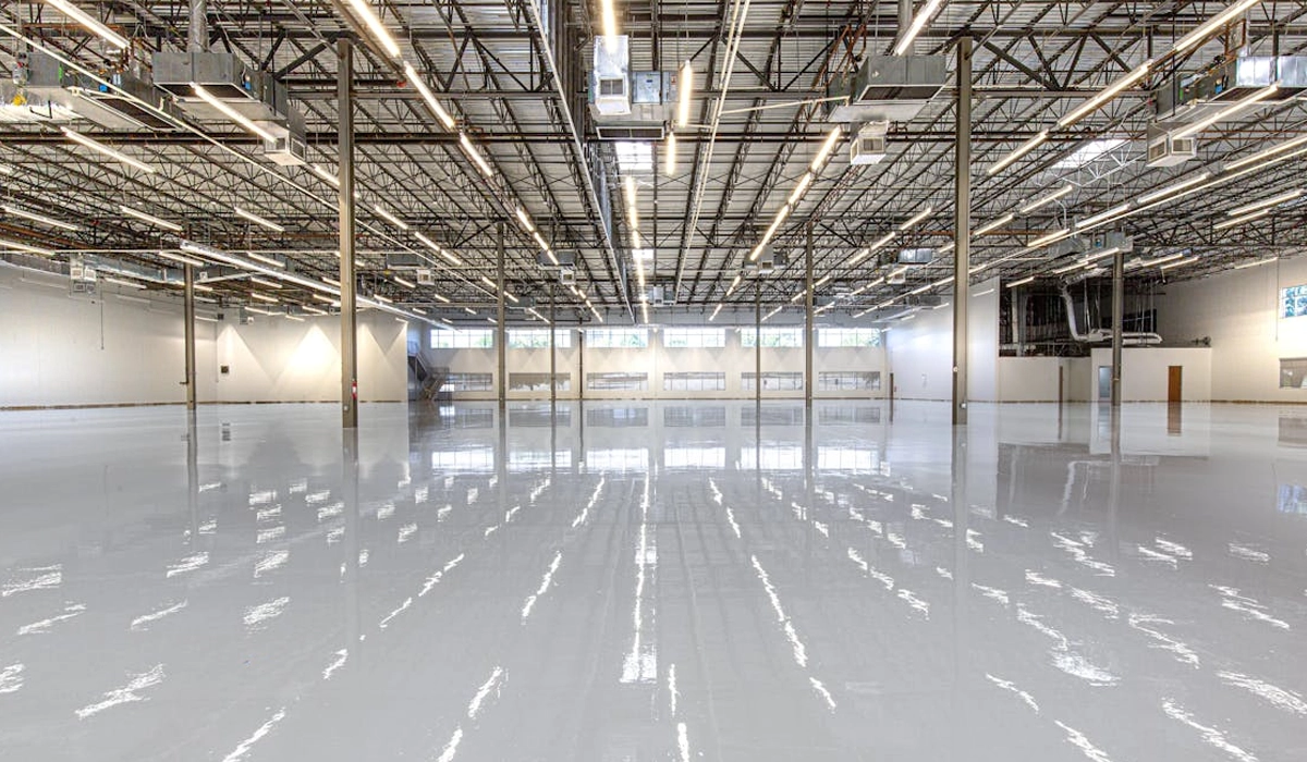 Glossy industrial coatings in warehouse